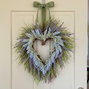 Heart Shaped Lavender Wreath-Faux Floral-Farmhouse-Cottage Door-Wedding-Purple